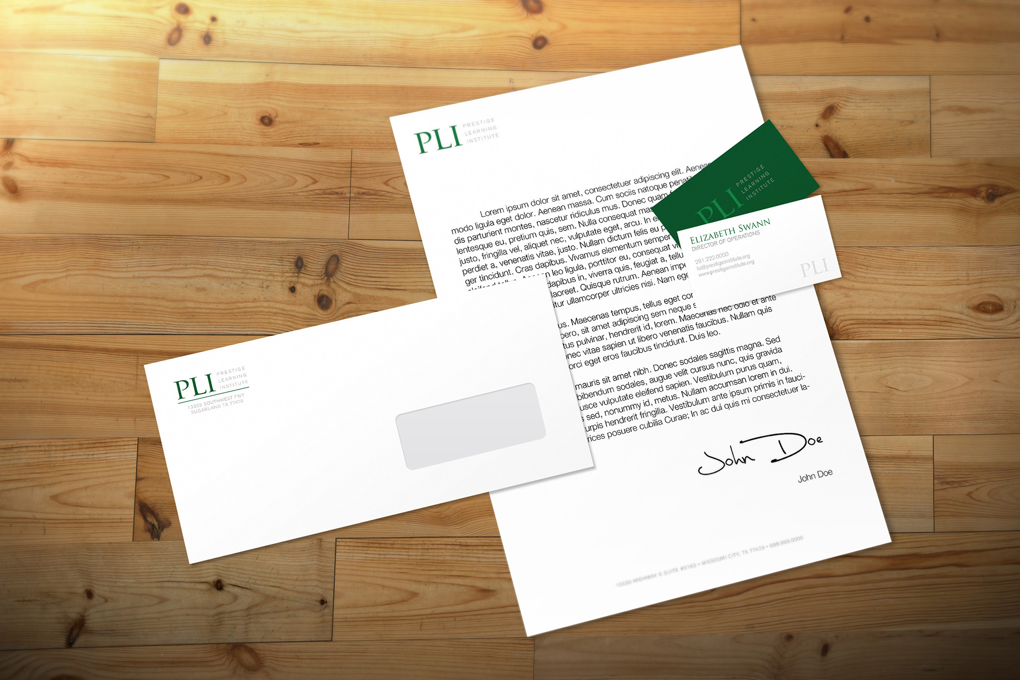 PLI Mockup of Business Cards, Stationery, and envelopes